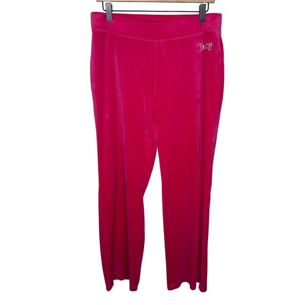 Juicy Couture Hot Pink Velour Track Pants Large Rhinestone Logo Straight Leg Y2K